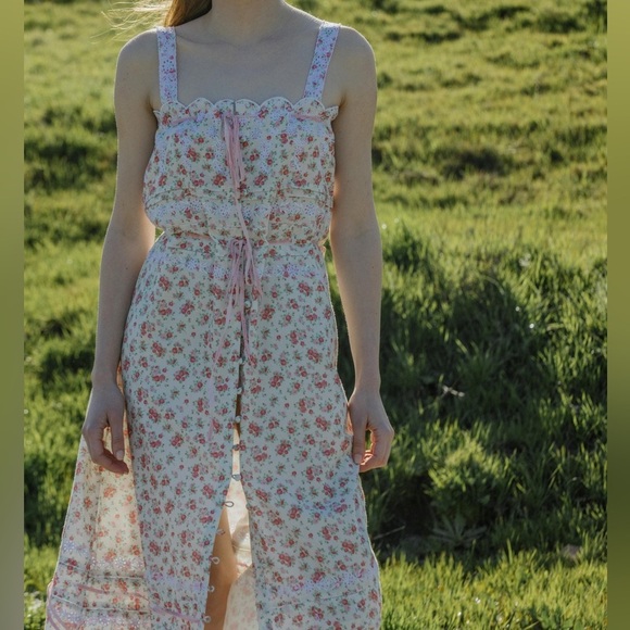 Praerie Brittany Pink Floral Lace Cottagecore Preppy Button Down Midi Dress L - Picture 2 of 10